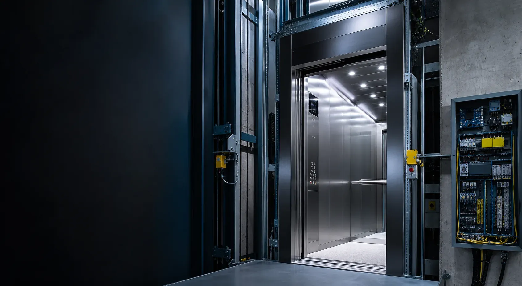 Ascensor moderno con puertas metálicas y sistema de control AxisNova
